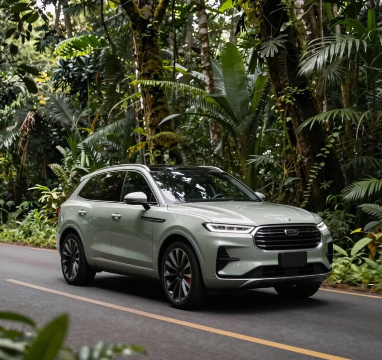 A sleek luxury SUV driving on a clean, modern road through a dense Central American / Costa Rican rainforest, soft sage moss on tree trunks, dappled sunlight filtering through deep forest green leaves, high-end automotive photography.