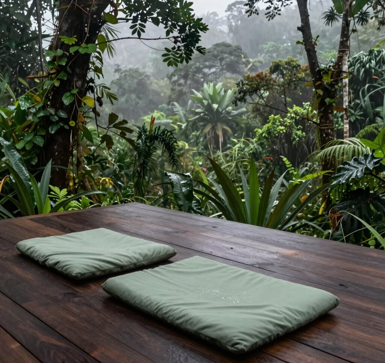 An outdoor meditation deck made of dark tropical wood, overlooking a misty rainforest in a Central American / Costa Rican mountain retreat. Sophisticated lighting, deep forest green leaves with dew, soft sage green cushions. Peaceful and opulent.