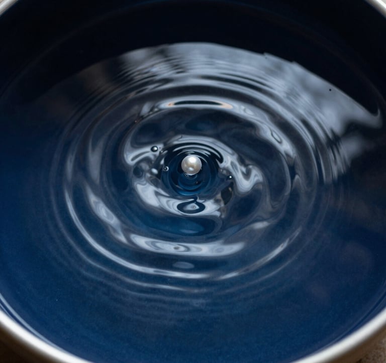 A minimalist composition showing a single ripple in a bowl of dark water. The water is a Deep Midnight Blue, and the ripple reflects Pearl White light. This represents the concept of internal stillness and the sound of the soul.