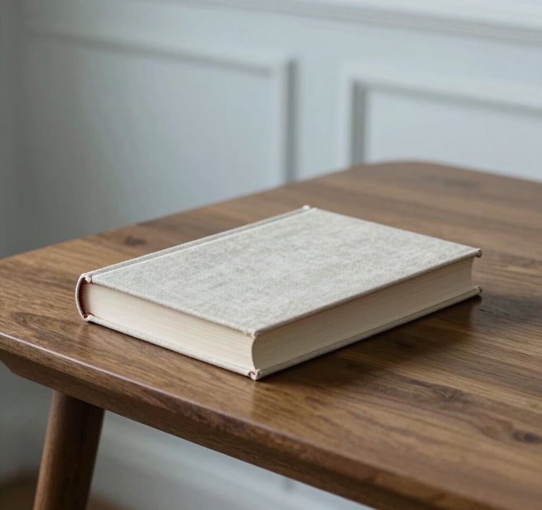 A clean, elegant photograph of a linen-bound book resting on a minimalist wooden table in a room with soft, white architectural lines. Pale slate blue shadows add depth, reflecting an authorial and established mood.
