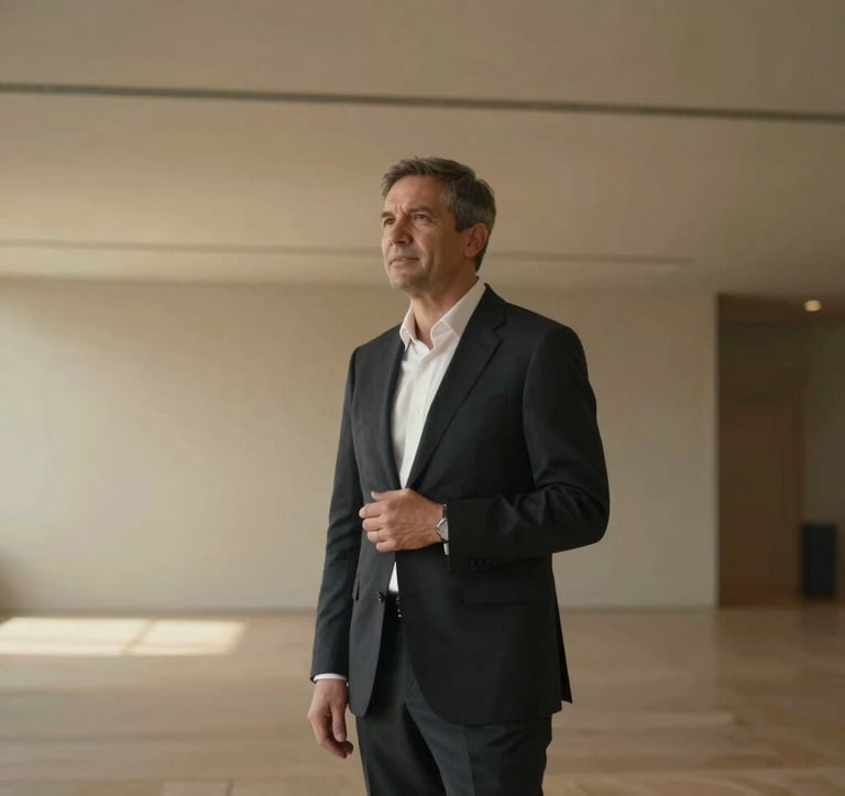 A professional photograph of a speaker standing in a minimalist, open architectural space with high ceilings and clean lines. The lighting is warm and inviting, highlighting an authoritative yet humble presence.