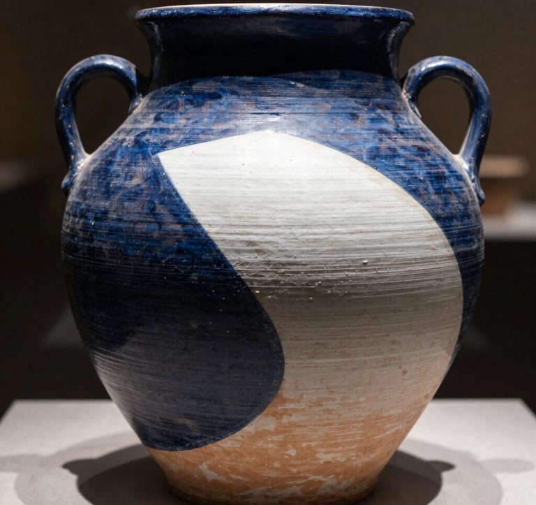 High-contrast photography of ancient, textured pottery from a world culture. The lighting emphasizes the earthy textures and deep shadows. The color palette consists of Deep Midnight Blue shadows and Pearl White highlights.