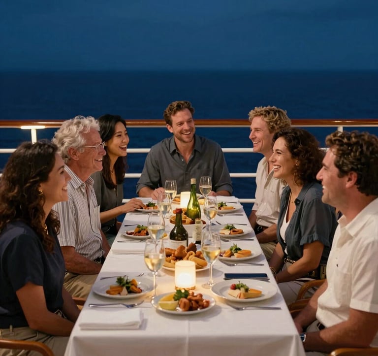 A group of North American travelers smiling and laughing together during a deck-side dinner on a cruise ship at night. The lighting is sophisticated and warm, highlighting a friendly, communal atmosphere with dark blue ocean visible in the background.
