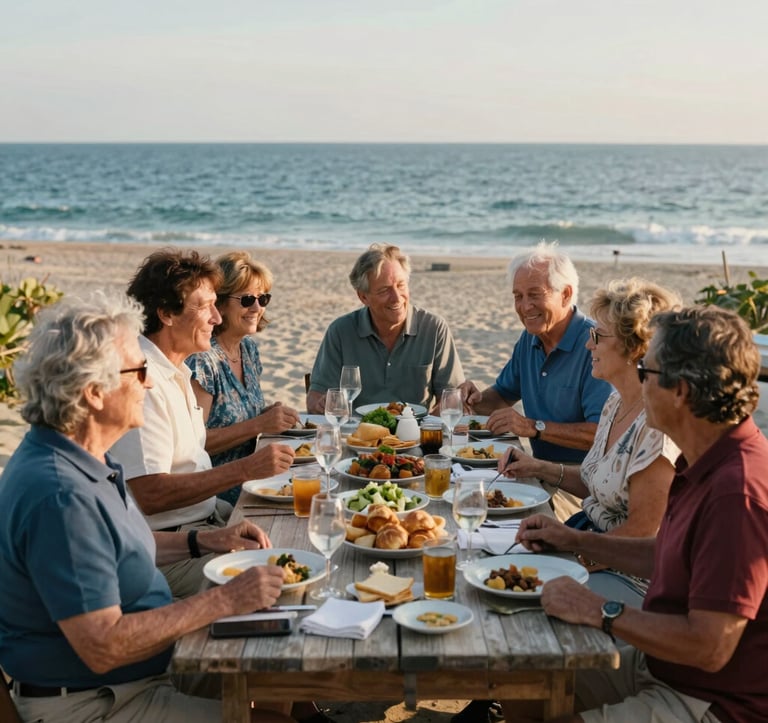 A group of active adults, appearing as a North American / US community group, enjoying a beachside dinner at a coastal resort. The lighting is warm and inviting, capturing a mood of camaraderie and relaxation by the light blue sea.