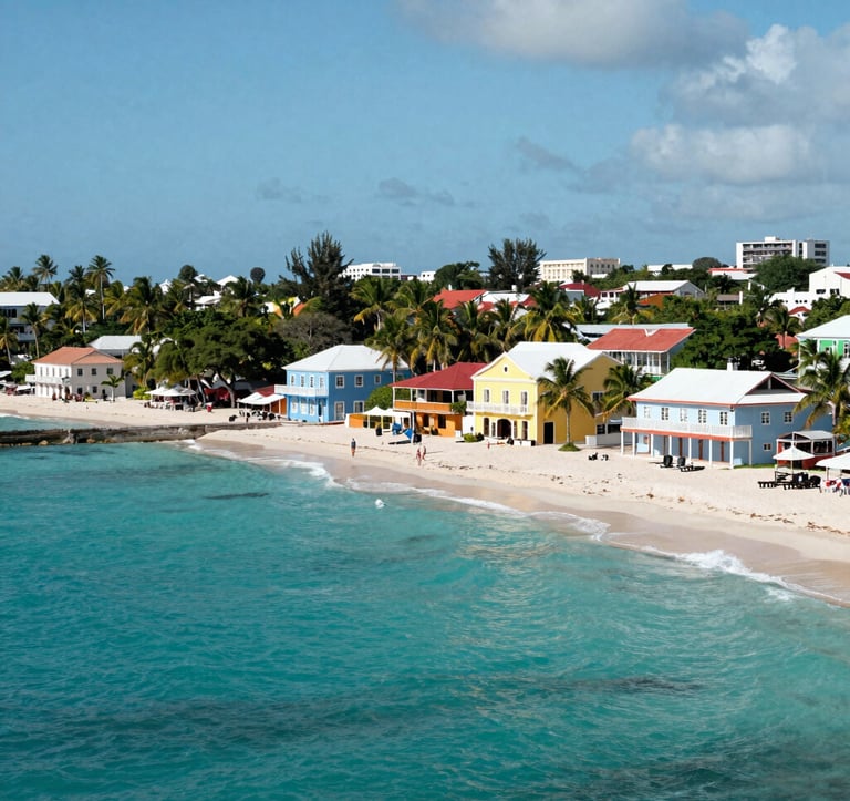 A vibrant coastal port in the Caribbean with turquoise waters and white sandy beaches. A medium shot showing the lush tropical greenery and colonial architecture, typical of a North American cruise destination, captured in bright daylight.