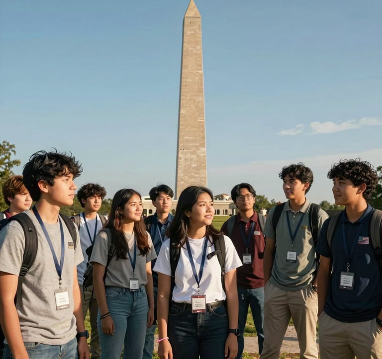 A professional photograph of a group of North American / US students on an educational field trip in front of a historic national monument. The sun is shining, and the group looks engaged and happy, emphasizing well-organized group travel.