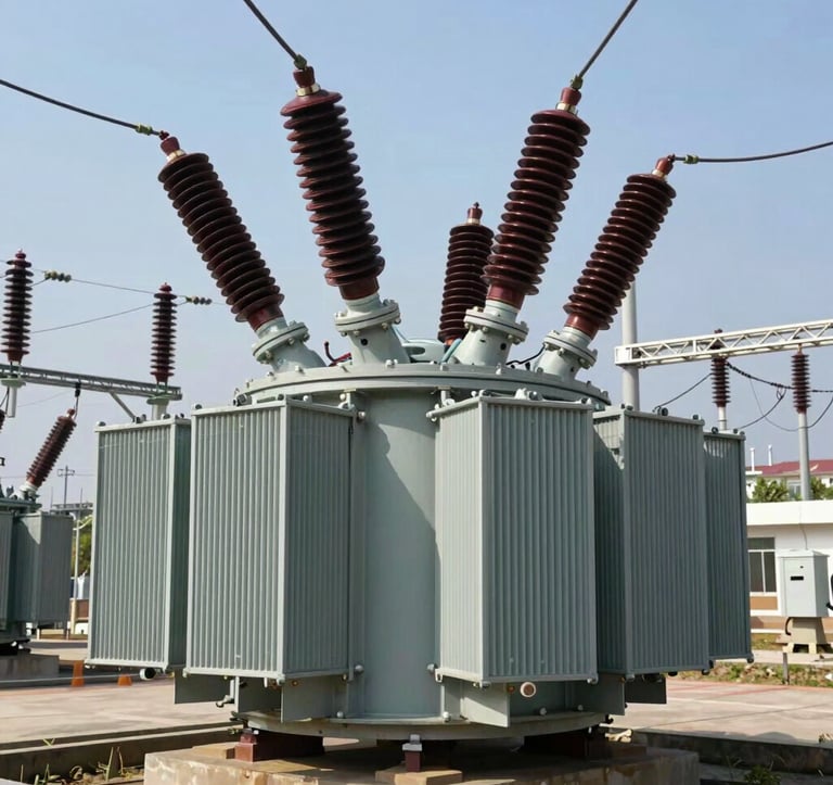 Large-scale industrial power transformer being positioned in an outdoor electrical yard, bright daylight, clear blue sky, focus on the robust steel structure and high-voltage bushings.