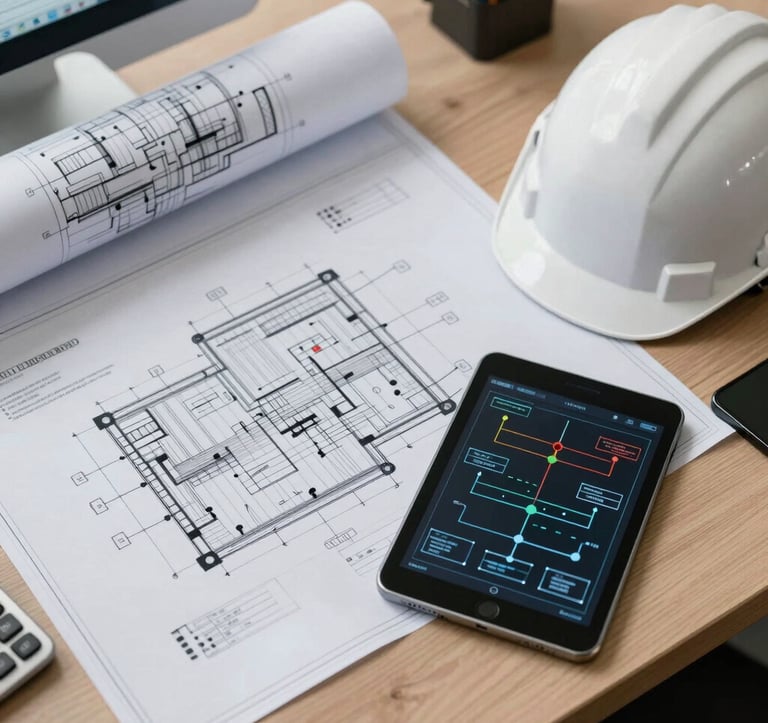 A top-down view of a modern engineering desk with detailed electrical blueprints, a digital tablet showing energy flow diagrams, and a white safety helmet. The environment is a professional engineering office in the Middle East / خليجي.