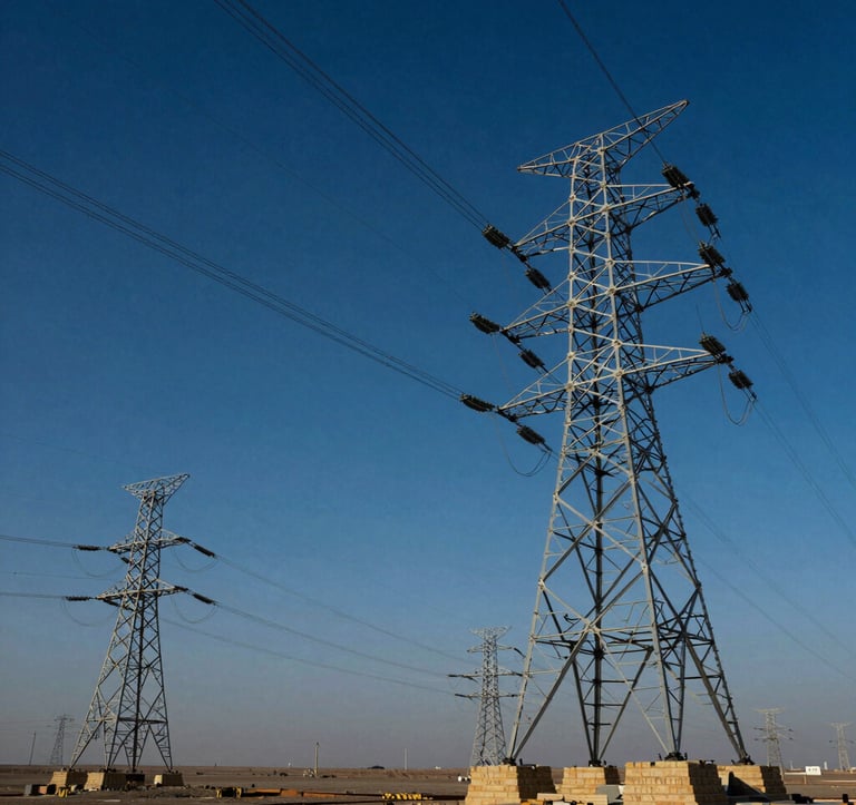 A low-angle dramatic shot of high-voltage power lines and towers stretching across a vast landscape in the Middle East. The composition is clean and modern, with deep blue tones in the sky and metallic highlights on the structures.