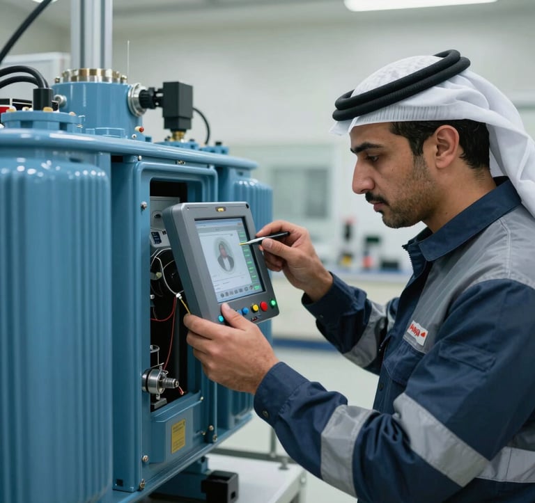Close-up of a specialized technician in Middle East / خليجي professional safety gear using high-tech diagnostic equipment to inspect a large blue industrial transformer in a clean, modern workshop. The lighting is bright and technical.