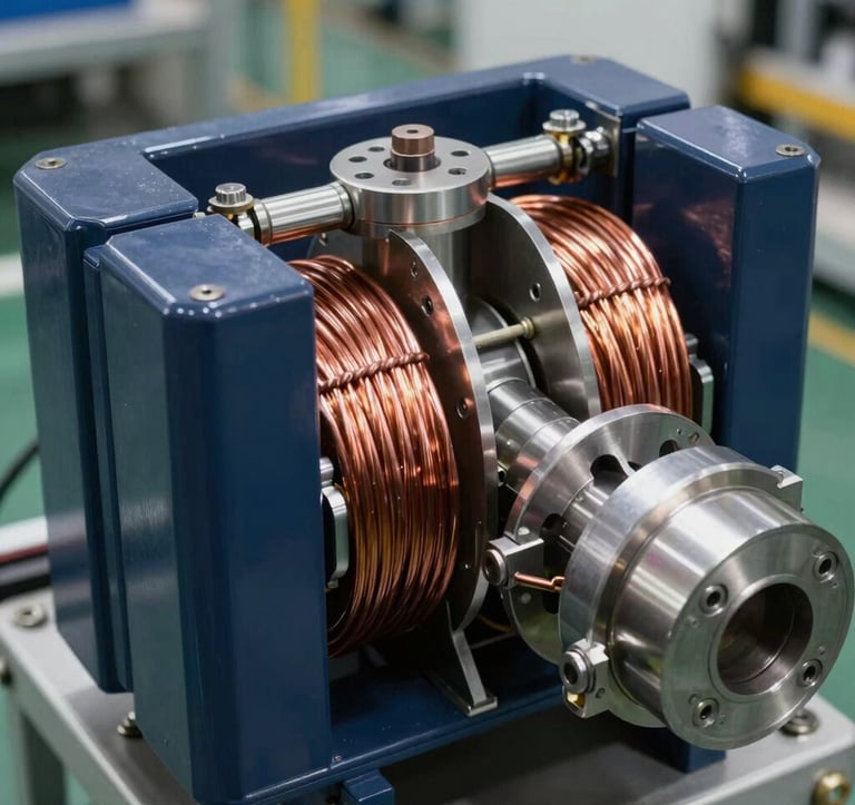 A detailed close-up of high-quality transformer copper coils and technical components, representing precision engineering and efficiency. The lighting is clean and industrial, with reflections of navy blue and metallic silver, set in a professional Gulf region manufacturing facility.