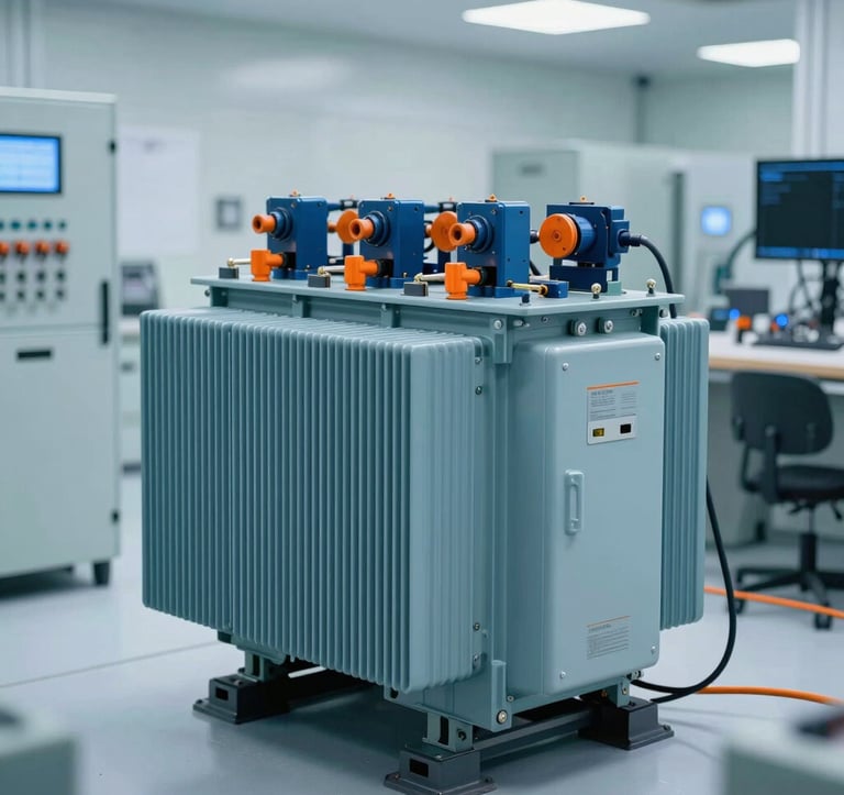 A professional photography shot of a sleek, modern power distribution panel and transformers inside a clean, well-lit tech-focused environment in the Middle East. The image uses a cool blue and sharp orange color palette to convey reliability and advanced technology.