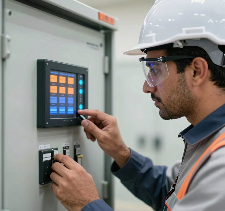 A close-up of a professional engineer in the Middle East / Gulf wearing protective gear, inspecting a digital electrical control panel with orange and blue indicators, professional and high-tech atmosphere.