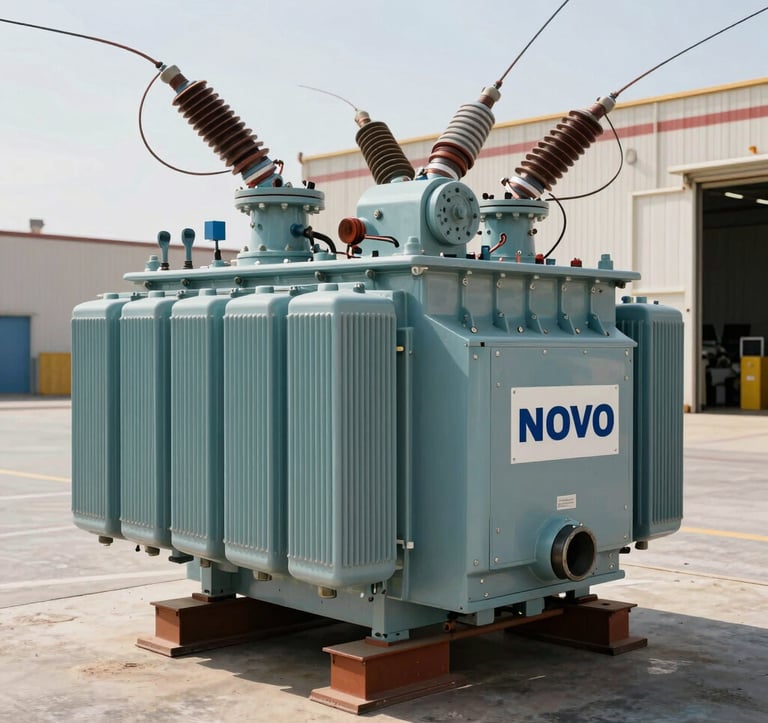 A massive, powerful electrical power transformer from NOVO brand positioned in a shipping facility, ready for delivery. Bright midday sun, blue and orange color tones on the equipment, sharp focus, industrial Middle East / خليجي context.