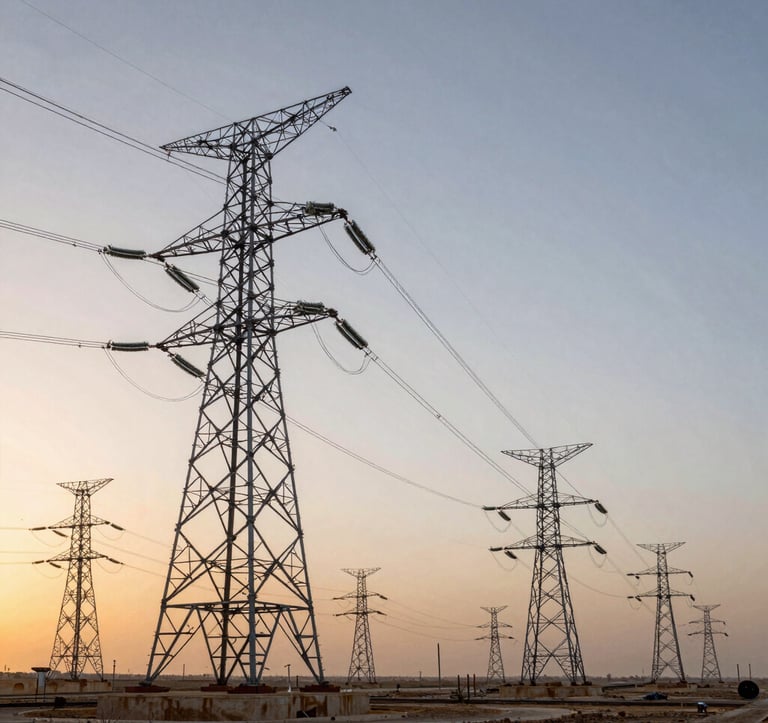 A wide-angle shot of a newly constructed electrical project at sunset in Iraq, featuring transmission towers and power lines integrated into a modern infrastructure landscape. Professional photography style.