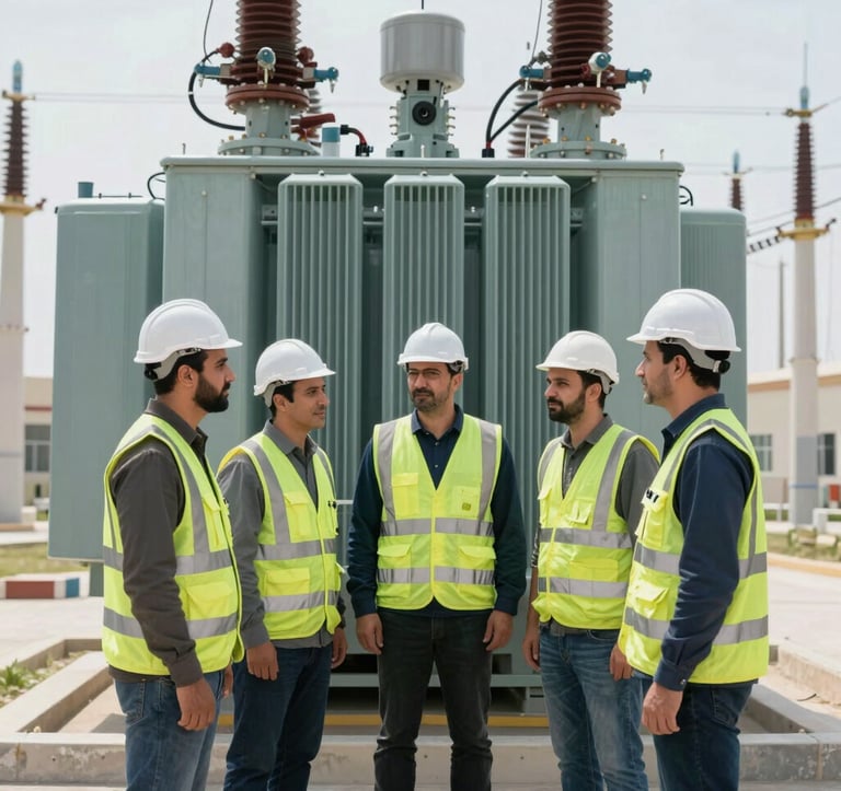 A photograph of professional electrical engineers in safety equipment standing before a large transformer unit in a bright, modern power facility in the الشرق الأوسط / خليجي region. The composition is professional and authoritative, emphasizing teamwork and technical expertise.