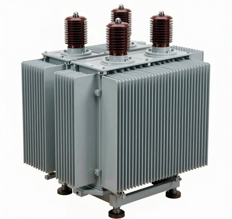 Clean, studio-lit photograph of a high-efficiency distribution transformer, finished in industrial grey, showcasing modern design and cooling fins, professional engineering photography.