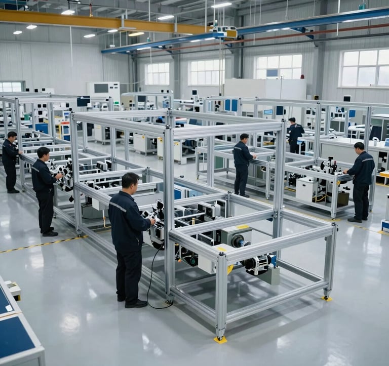 Wide shot of a clean, high-tech manufacturing facility. The floor is polished light grey concrete. Technicians in dark uniforms work on large aluminum frames. The space is filled with natural light, highlighting a sophisticated industrial environment.