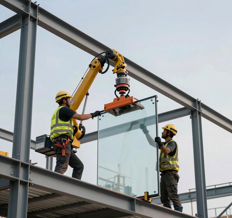 Action photography of a professional construction crew at a high-end job site, International / Global. They are using a robotic suction lifter to precisely install a large-format glass pane into a modern steel structure against a clear sky.