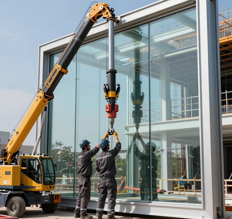 A professional construction crew in industrial charcoal uniforms using a precision suction crane to install a massive, seamless glass panel into a high-end architectural frame. Bright, clear daylight on a modern building site. International / Global.