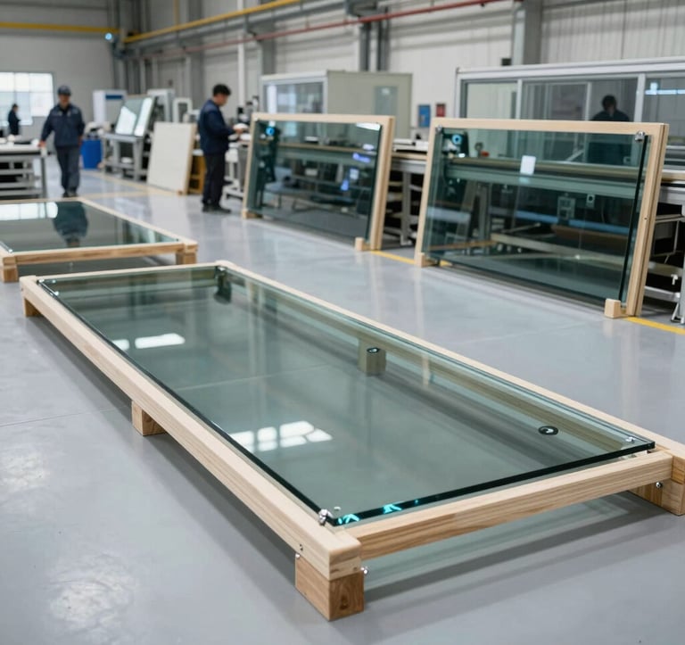 Interior shot of a high-tech manufacturing facility. Professional workers are seen in the distance crating massive, high-clarity glass panels into custom wooden frames. The factory is bright, clean, and dominated by soft grey and charcoal tones. International / Global context.