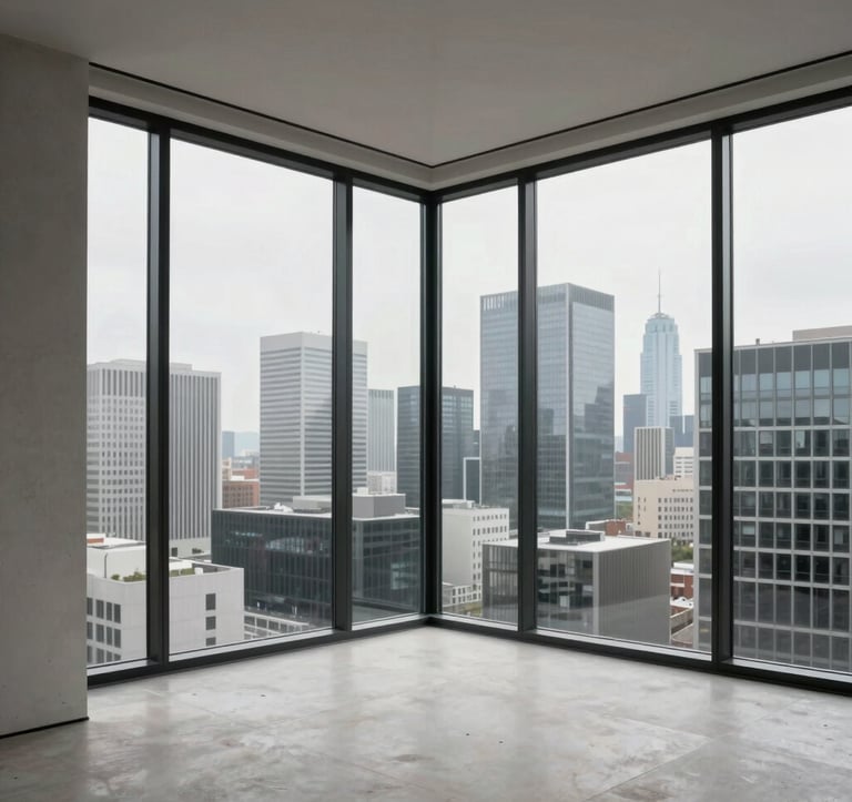 A professional architectural photo of a finished luxury penthouse interior featuring seamless corner glazing that looks out over a modern city skyline. The interior is minimalist with soft concrete tones. International / Global location.