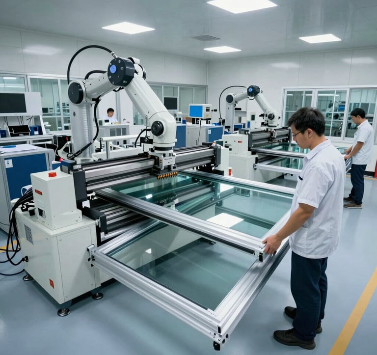 The interior of a high-tech, clinical window manufacturing facility. Pristine floors, advanced robotic glass cutters, and workers in clean industrial attire inspecting large aluminum window frames. International / Global.