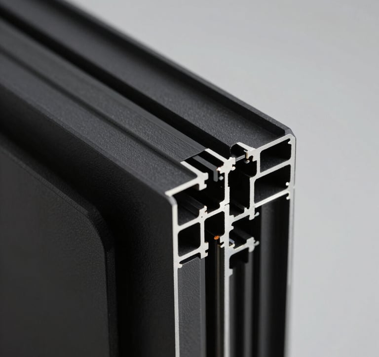 A crisp, macro detail shot of a black matte aluminum window profile. The lighting highlights the sleek, ultra-thin edges and the premium texture of the high-performance glazing seal. Industrial luxury aesthetic.