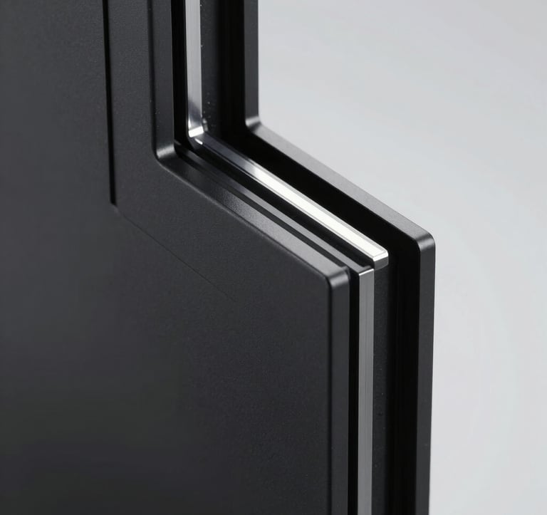 Macro photography of a sleek, ultra-thin window profile. The material is matte black aluminum with a refined texture. Soft, diffused studio lighting emphasizes the sharp angles and precision engineering.