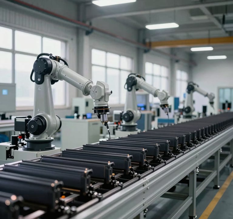 A wide shot of a futuristic, clean industrial window manufacturing facility. Precision machinery and robotic arms are visible along a production line of matte black aluminum extrusions. Soft overhead lighting, industrial-chic aesthetic.