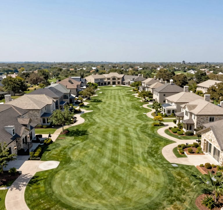 A high-end aerial shot of a luxury golf course community in Round Rock, Texas. The composition highlights perfectly green fairways, custom-built stone homes, and a clear blue sky. The image has a clean, airy feel using soft whites (#F8F4ED) and warm earth tones (#CFC8BE).