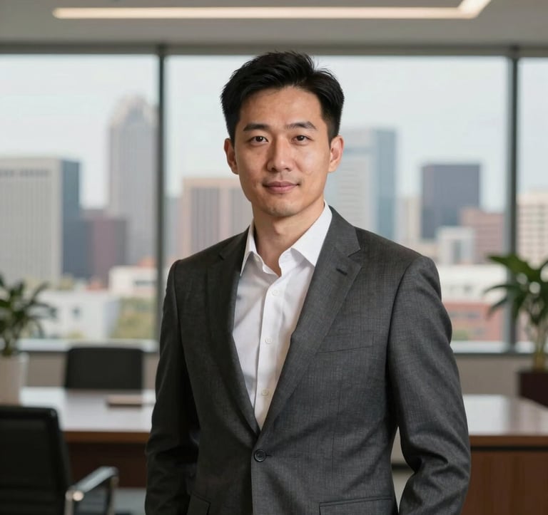 A professional portrait of a male real estate agent in a high-end, modern Austin office. He is wearing a tailored charcoal suit with a crisp white shirt. The background shows a soft-focus view of the Round Rock skyline. The lighting is soft and flattering, emphasizing a trustworthy and professional demeanor.