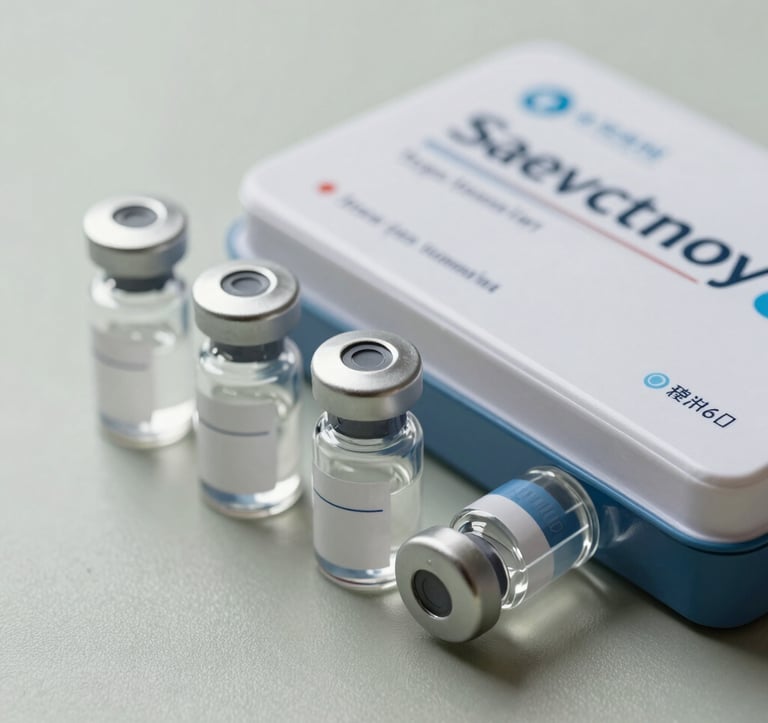 Close-up photography of a high-end medical diagnostic kit and glass vials on a clean, light sage surface. The aesthetic is clinical yet sophisticated, suggesting advanced Western health science. Soft daylight illuminates the scene, highlighting precision and modern scientific authority.