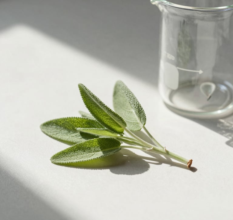A close-up, minimalist photography shot of a single fresh sprig of sage resting on a clean, off-white surface next to a glass scientific beaker. Bright, natural North American morning light creates soft shadows, evoking a sense of scientific precision combined with herbal serenity.