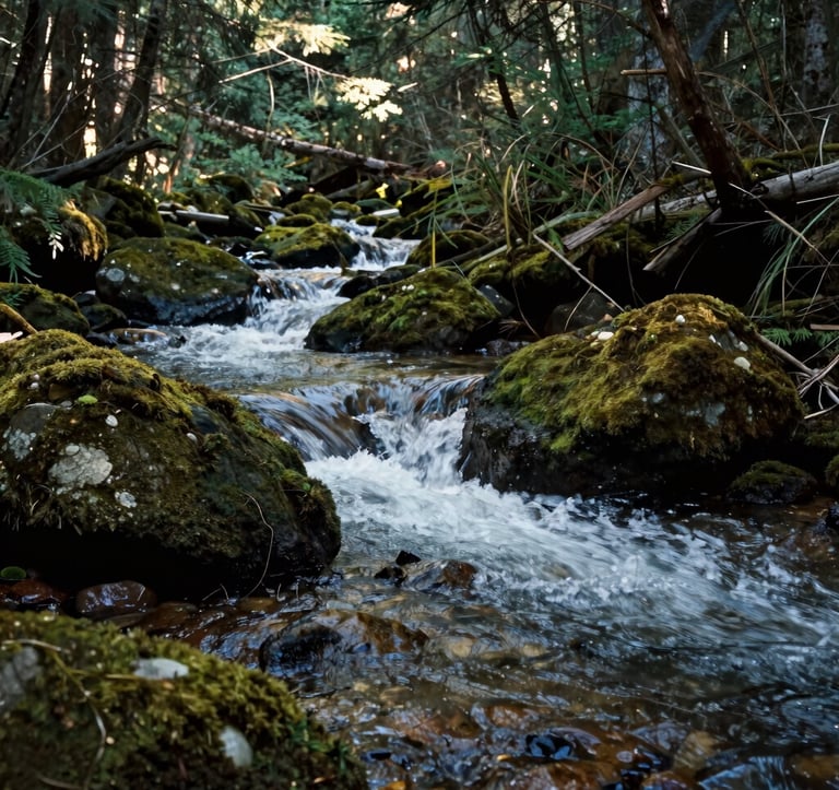 A pristine mountain stream in a North American forest, with clear water rushing over mossy dark green stones. Dappled sunlight filters through the canopy, creating a scene of intellectual depth and natural purity, representing the 'upstream' health philosophy.