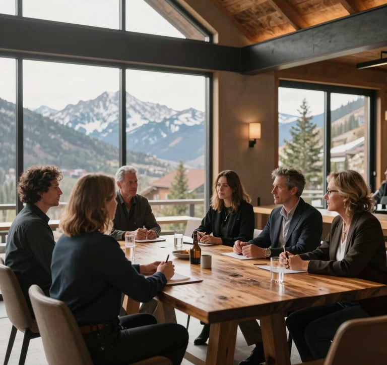 A sophisticated group setting inside a modern, minimalist mountain lodge with large floor-to-ceiling windows. A group of adults is engaged in a thoughtful discussion around a heavy wooden table. The lighting is warm and natural, suggesting a Western North American high-end retreat dedicated to intellectual and health pursuits.