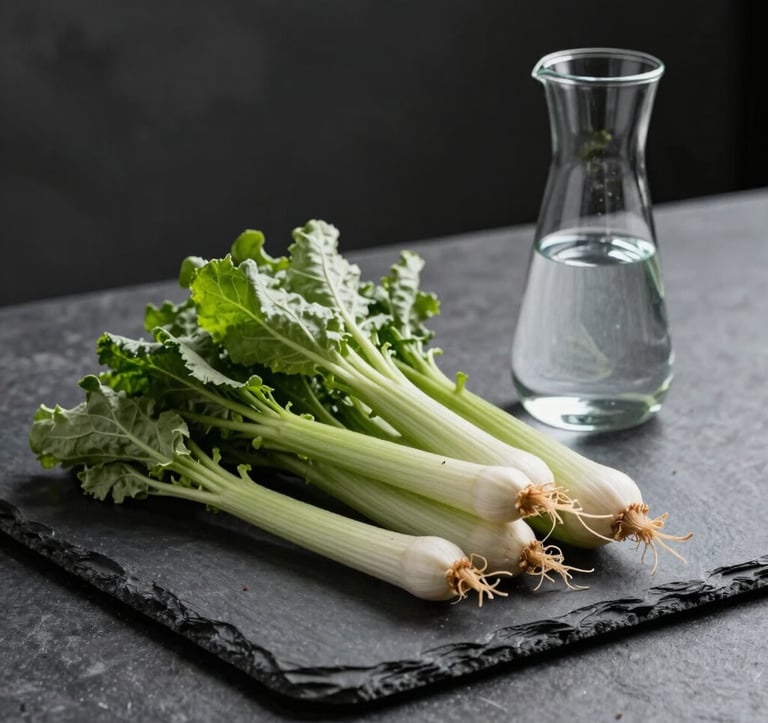 A minimalist, high-end photography shot of fresh, organic vegetables and a clean carafe of water on a slate surface. The lighting is sharp and scientific yet natural. Muted sage green and charcoal tones dominate, reflecting a sophisticated approach to nutrition.