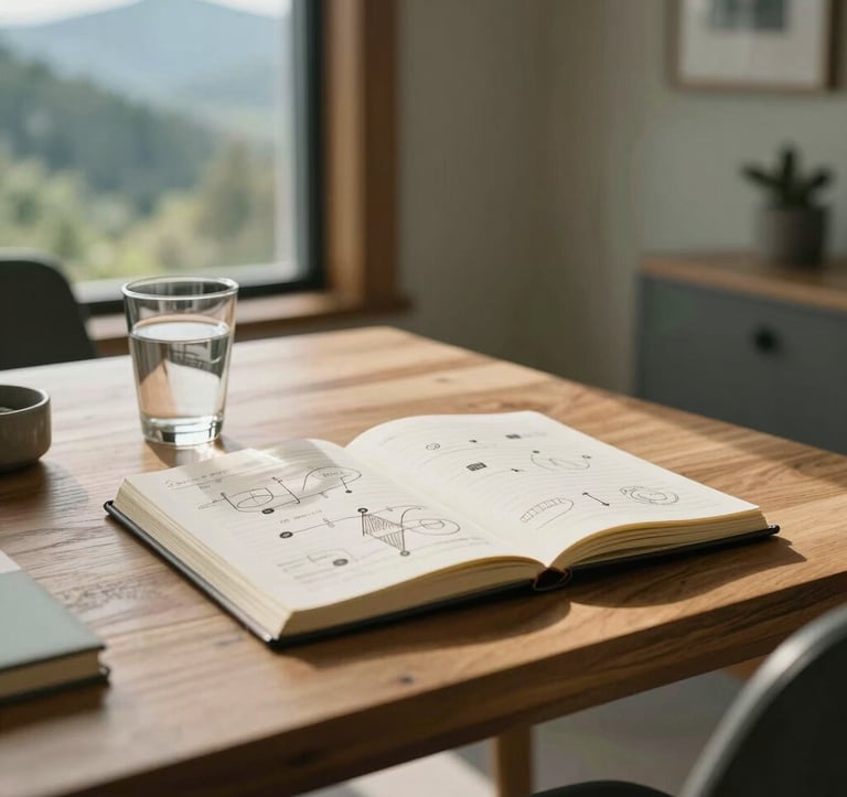 Professional photography of a sophisticated workspace in a North American mountain home. A clean wooden desk holds a notebook with scientific diagrams and a glass of water. Morning sunlight creates soft shadows. The atmosphere is intellectual and calm, featuring muted green and linen tones.