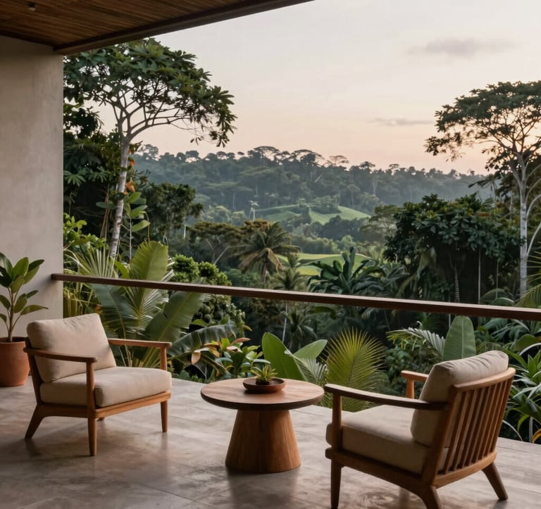 A luxury eco-lodge balcony overlooking the dense Amazon rainforest at dawn, minimalist wooden furniture in sand and terracotta tones, South American / Brazilian architecture, soft natural lighting.