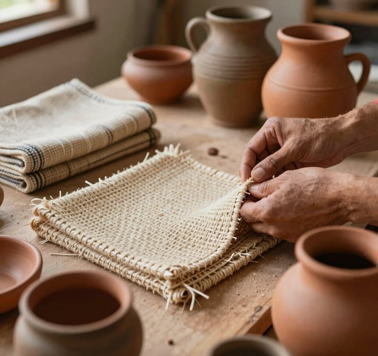 Close-up of authentic Brazilian craftsmanship, focusing on hand-woven textiles and ceramic pottery in sand and terracotta tones, soft natural indoor lighting, South American / Brazilian artisan workshop.