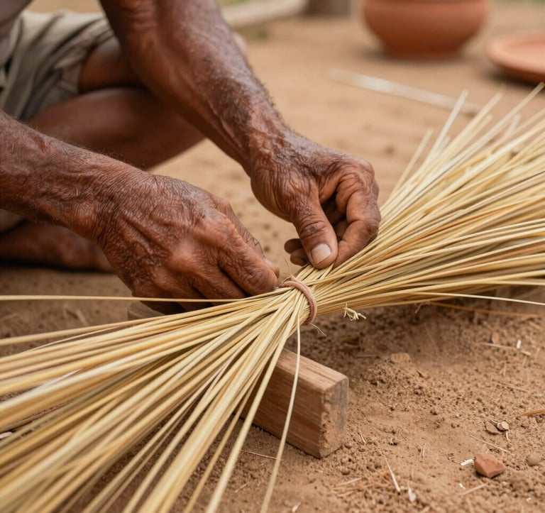 Close-up of a local craftsman hands working with golden grass in a South American / Brazilian village setting, warm earthy lighting, sand and terracotta palette, authentic textures.