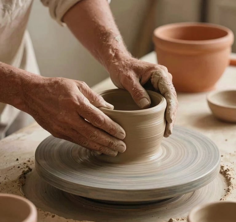 Close-up photograph of a South American / Brazilian artisan working on a traditional ceramic piece in a sunlit, minimalist studio, warm sand and terracotta tones, focus on the texture of the clay and the hands.