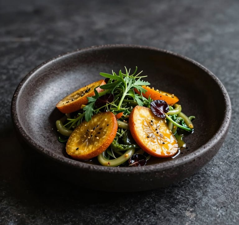 High-end culinary photography of a modern Brazilian dish featuring native Amazonian fruits and fresh herbs, served on dark stoneware in a moody, elegant setting, highlighting rich greens and deep orange colors.