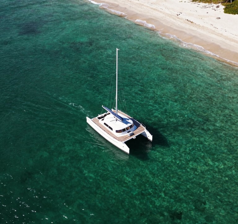 An aerial view of a private catamaran sailing through the crystal clear waters of an archipelago in Brazil, dark green water, white sand, exclusive South American / Brazilian travel mood.