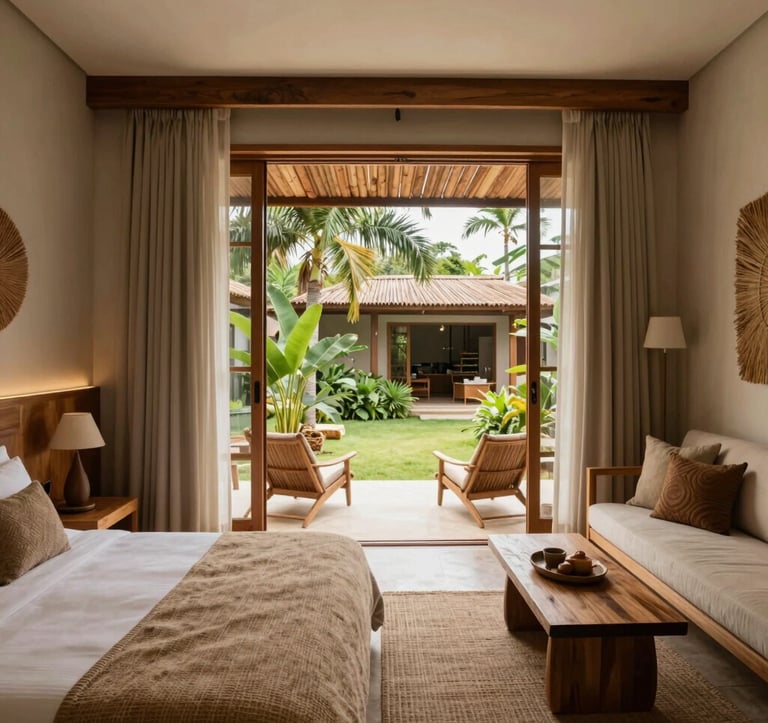 Interior of a modern Brazilian boutique hotel room with minimalist decor, featuring sustainable wood and natural fibers, open view to a lush garden, South American / Brazilian architecture.