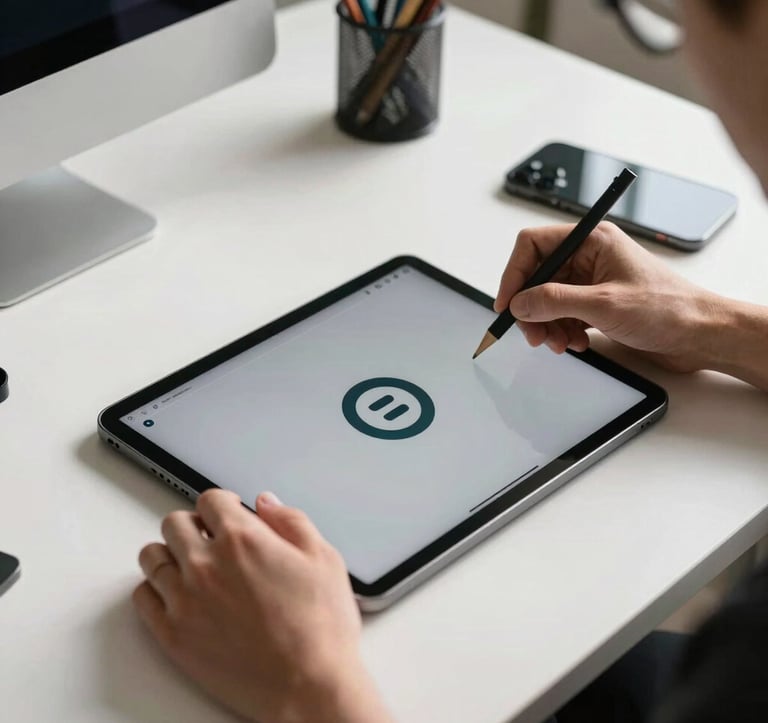 A high-resolution shot of a graphic designer working on a sleek digital tablet in a sunlit US creative studio. The composition focuses on the creative process of logo design, showing professional tools on a clean white desk, reflecting a modern and innovative brand mood.