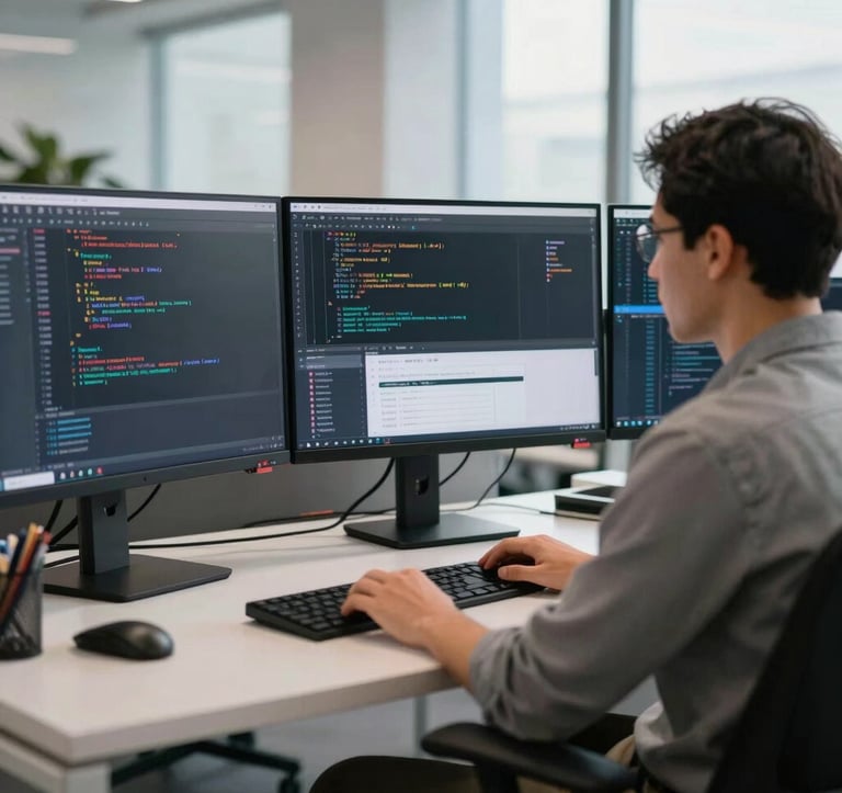 A professional web developer in a modern North American office, sitting before three large monitors displaying complex code and web layouts, soft natural lighting, clean tech-focused environment.