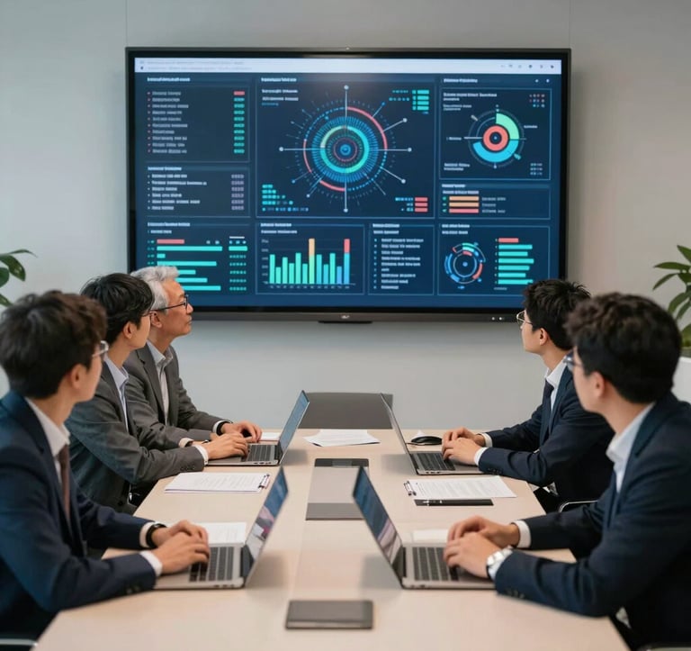A collaborative team of diverse professionals in a high-tech boardroom in the US, discussing a project on a large screen displaying complex data visualizations. The atmosphere is professional, focused, and innovative.