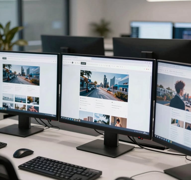 A sharp, eye-level photograph of multiple high-resolution monitors displaying a complex website layout in a modern North American creative studio. The background is a clean, organized office space.