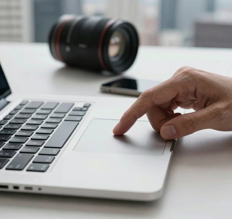 A macro photograph of a professional's hand navigating a sleek, modern laptop trackpad. The workspace is bright and airy with high-end tech accessories and a blurred North American city background.